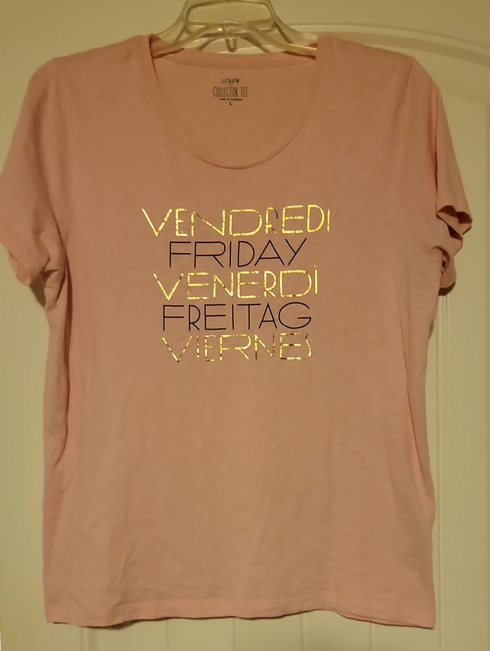 J. Crew Pink Tee with Metallic Gold & Black 'Friday' Text Size L. GREAT Conditio